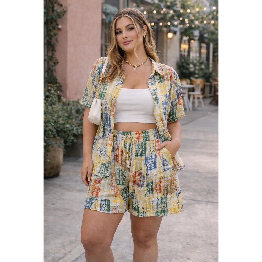 Vintage Inspired Abstract Print Matching Set Crinkle Top & Shorts Retro Resort M
